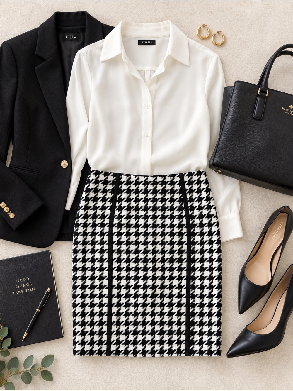 White House Black Market Houndstooth Wool Blend Pencil Skirt Size 0 Black White